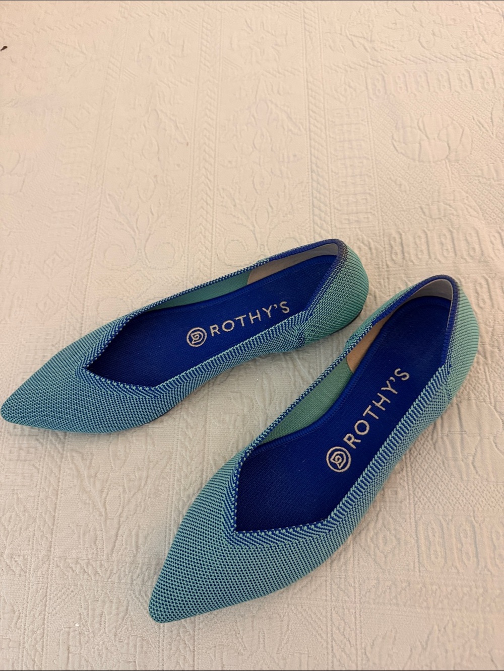 Rothy's Pointed Knit Flats in Teal and Blue